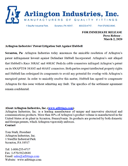 Preview of the press release Arlington Industries' Patent Litigation Suit Against Hubbell