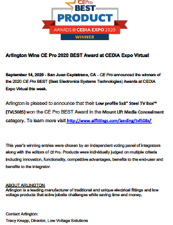 Preview of the press release Arlington Wins CE Pro 2020 BEST Award at CEDIA Expo Virtual