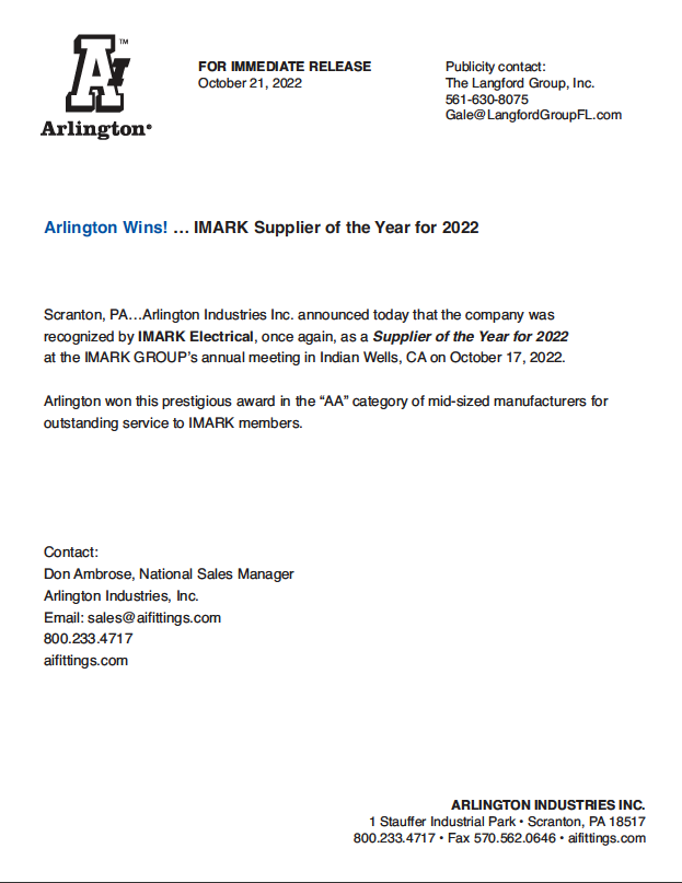 Preview of the press release Arlington Wins IMARK and NECA Awards!