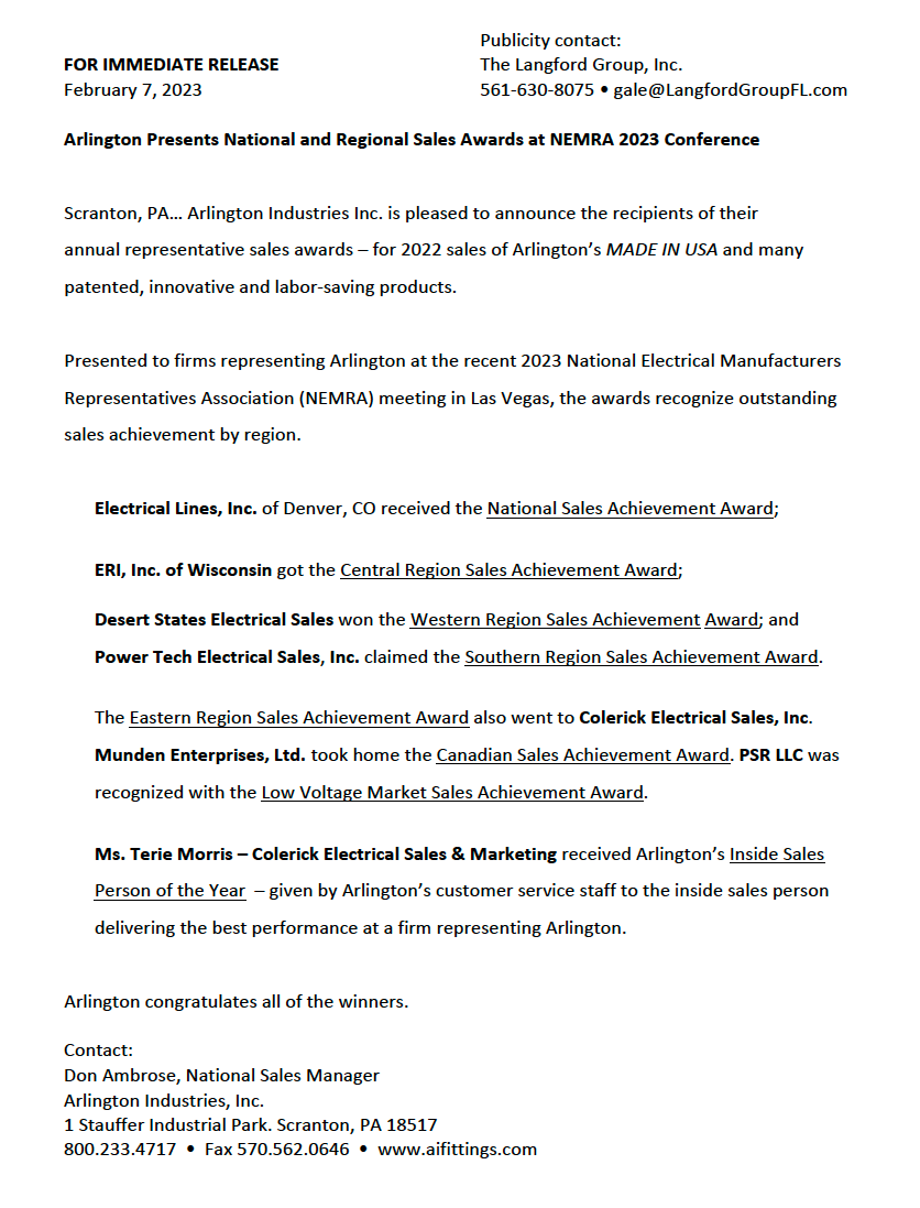 Preview of the press release Arlington Presents National and Regional Sales Awards at NEMRA 2023 Conference