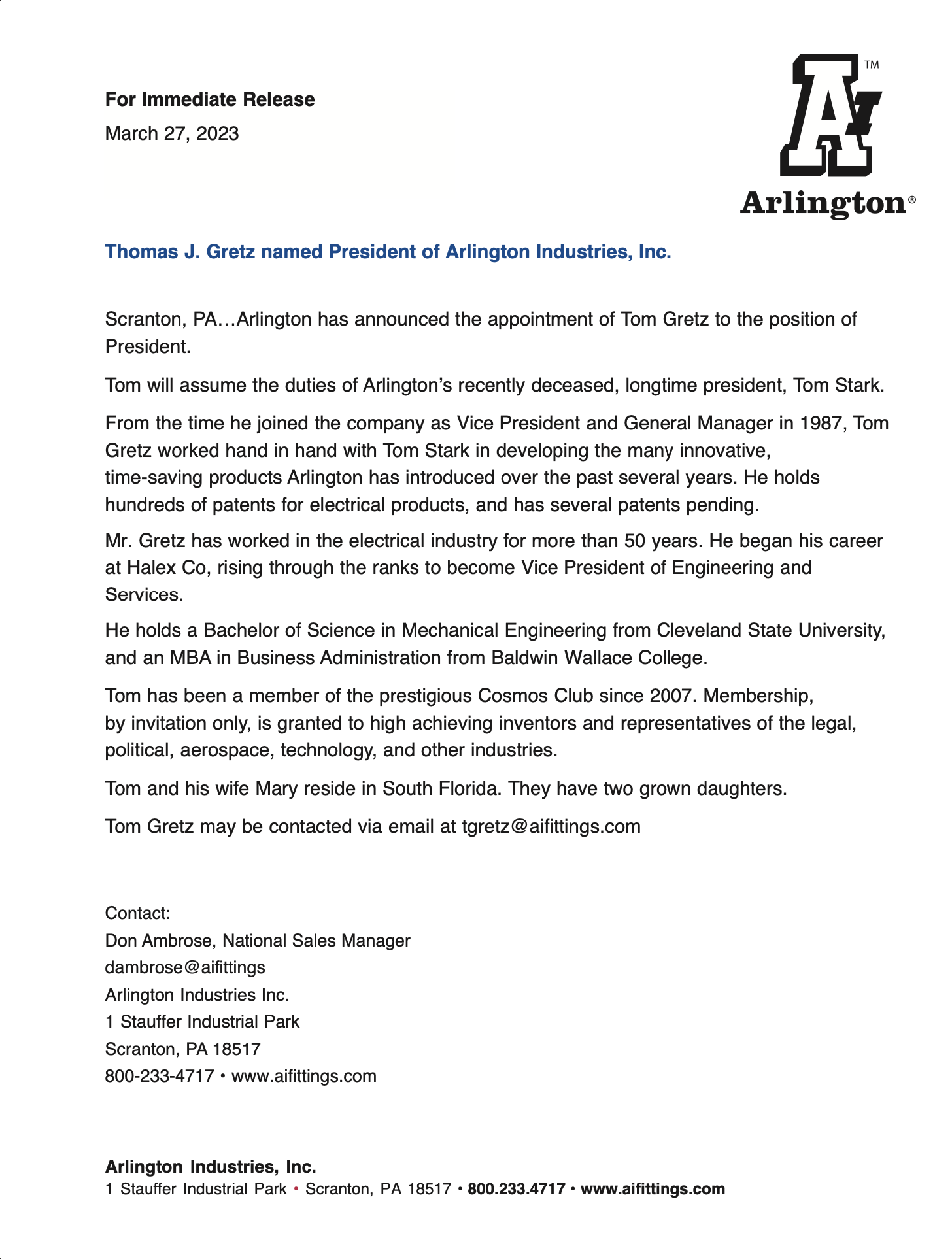 Preview of the press release Arlington Announces Tom Gretz as President