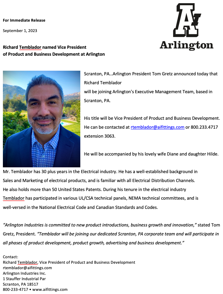 Preview of the press release Richard Temblador named Vice President of Product and Business Development at Arlington 
