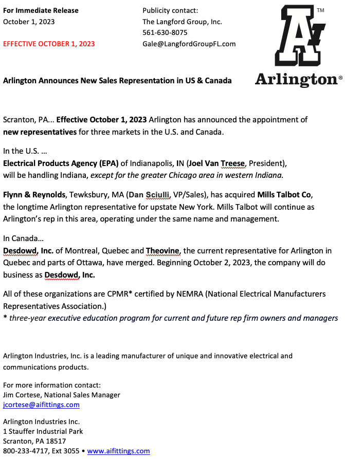 Preview of the press release Arlington Announces New Sales Representation in US & Canada