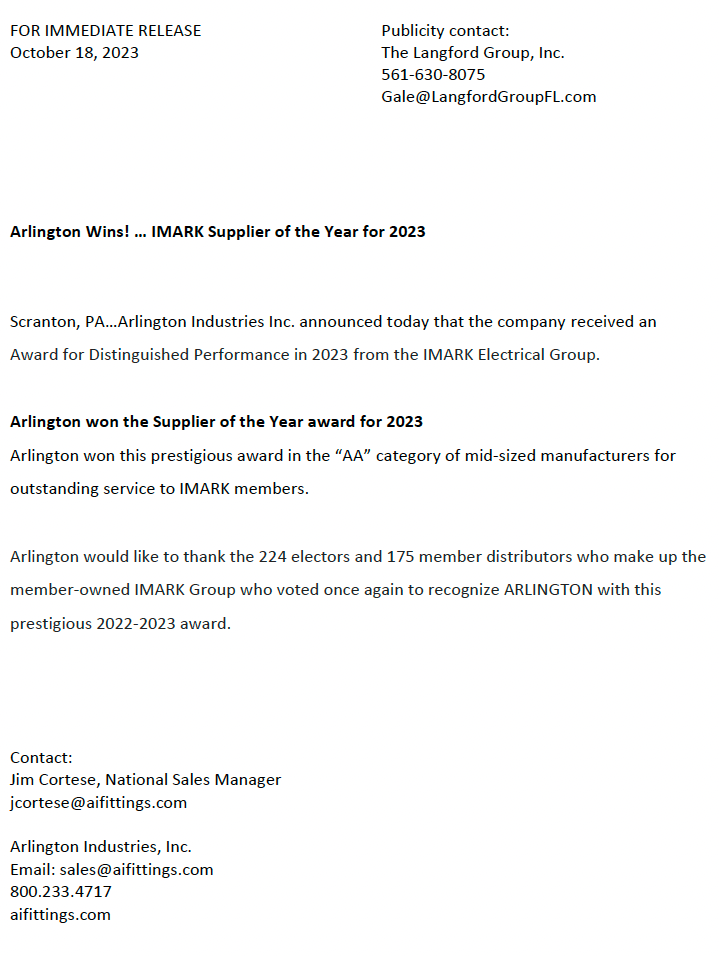 Preview of the press release Arlington Wins IMARK Supplier of the Year