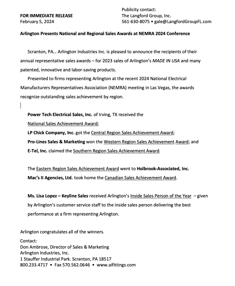 Preview of the press release Arlington Presents National and Regional Sales Awards at NEMRA 2024 Conference