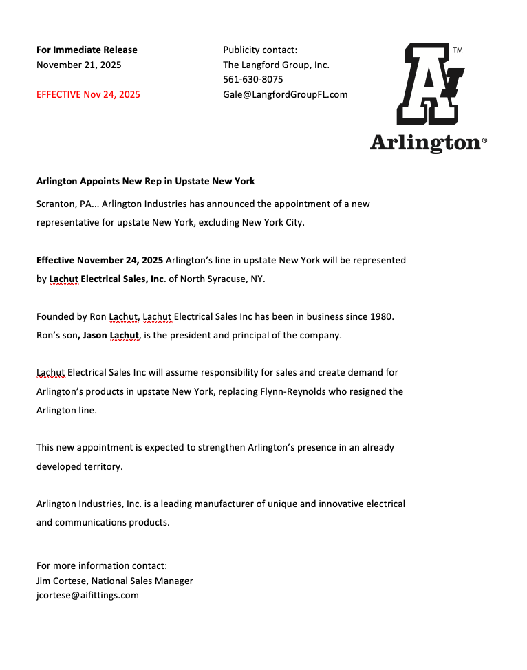 Preview of the press release Arlington Appoints New Rep in Upstate New York, Lachut Electrical Sales, Inc.