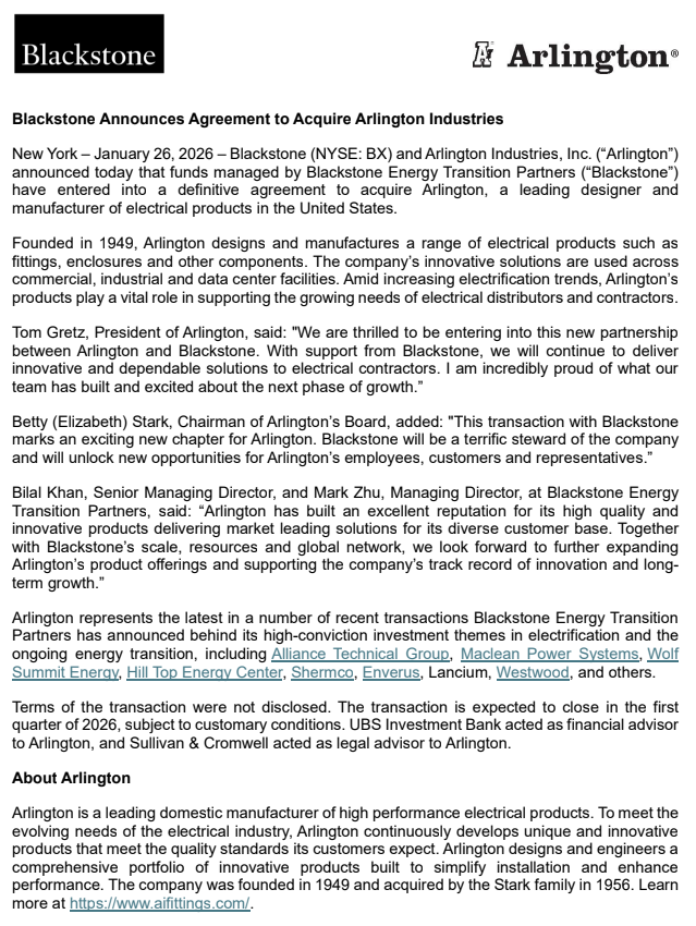 Preview of the press release Blackstone Announces Agreement to Acquire Arlington Industries