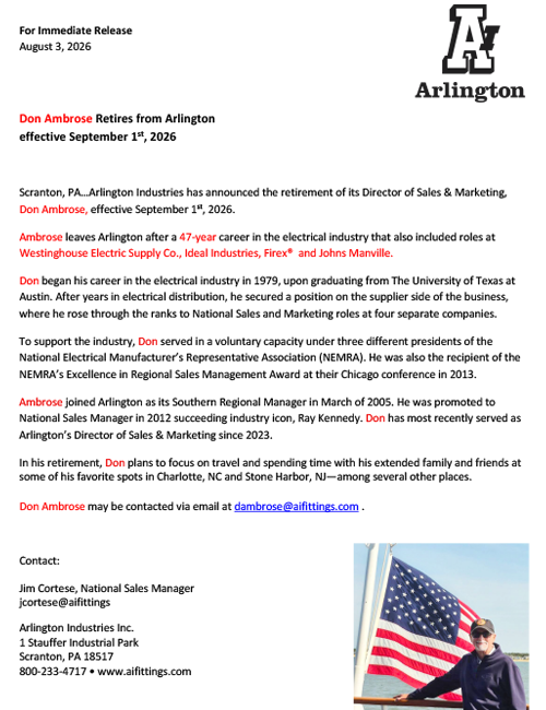 Preview of the press release Don Ambrose Retires from Arlington effective September 1st, 2026