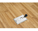 floor box with flip lid open in wooden floor