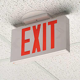 Exit sign mounted the ceiling using a Cam-Light Box